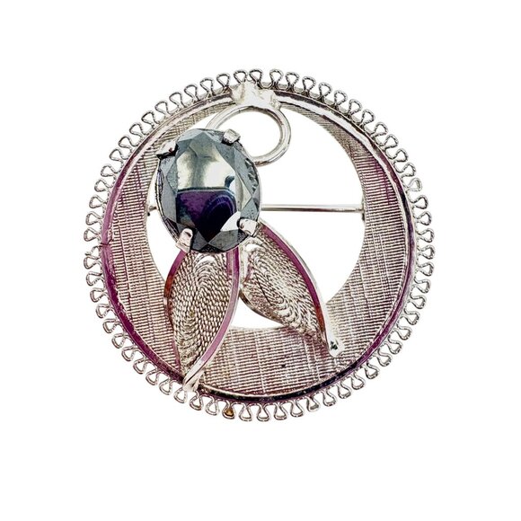 VTG Sterling SIlver 925 Hematite Flower Design Circle Brooch Size 1" Diameter - Picture 2 of 12